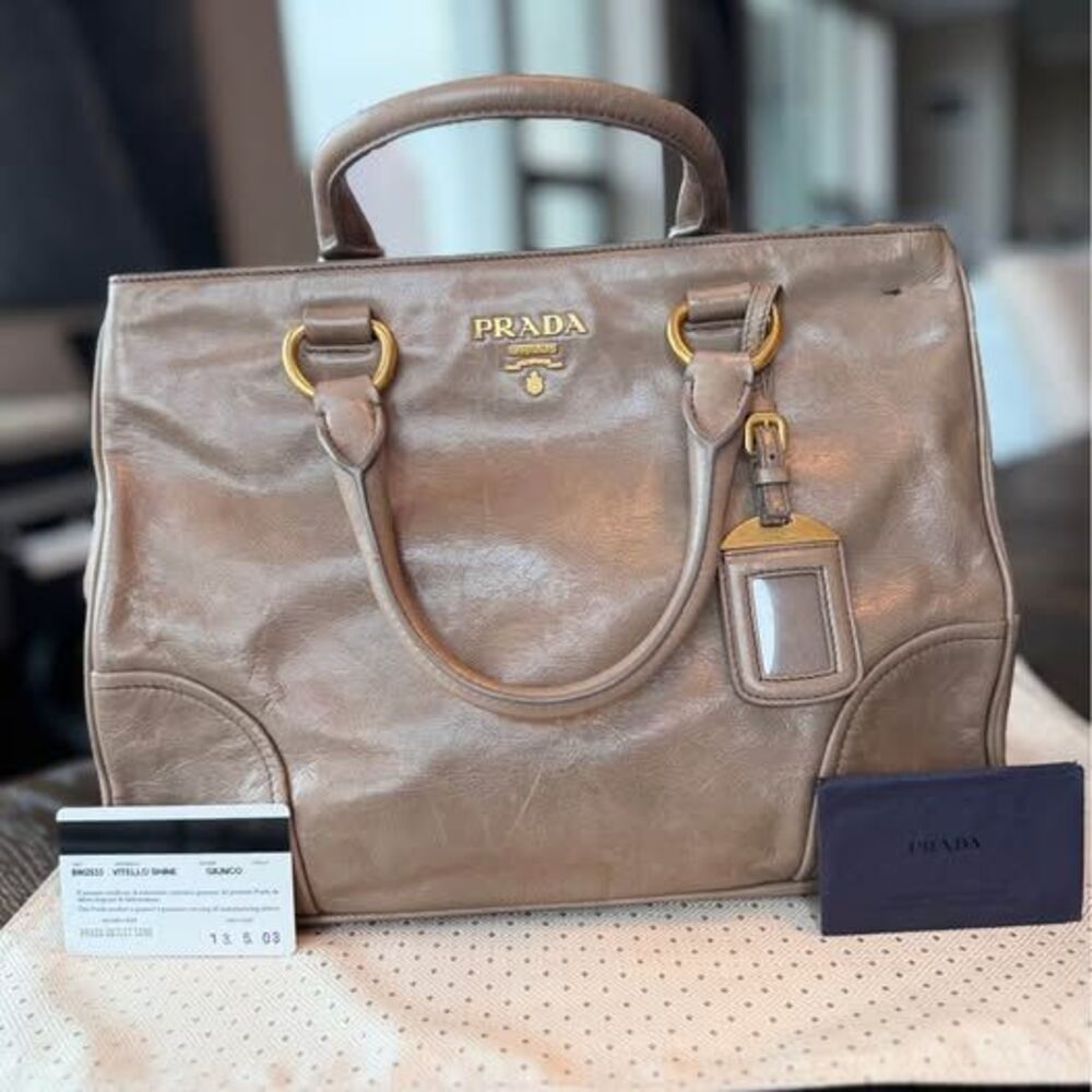 ✨ Authentic Prada Leather Tote Crossbody Taupe Neutral Gold Authenticity Card ✨